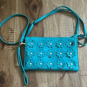 Teal blue leather cross body purse